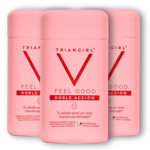 TRIANGIRL Feel Good Complemento Alimenticio con PEA Levagen+, Jengibre e Hinojo que Contribuye al Bienestar de la Mujer durante el Ciclo Menstrual. Adiós Molestias Menstruales. Pack 3 x 18 Cápsulas