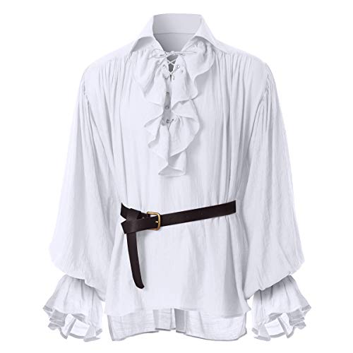 GRACEART Hombres Medieval Nórdico Camisas con Cinturón (X-Small) (L, Blanco)