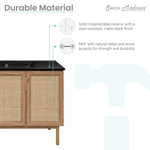 Image of Swiss Madison Classe 48 in. Brown Oak Bathroom Vanity with Black, 3-Hole Ceramic Sink Top