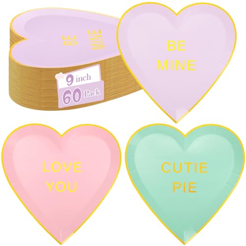 Suclain 36 Pcs Valentine's Day Paper Plates Bulk 9 Inch Heart Shaped Disposable Love You Dessert Cake Plates Pink Purple Green Heart for Valentine's Day Wedding Party