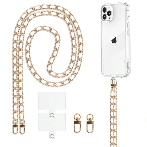 Knrlqim Cordon Telephone Portable Universelle avec 2 Patchs, Lot de Universal Chaine Telephone Portable Collier de Longe pour Cou et Poignet, Compatibles avec Plupart des Smartphones,Or Blanc