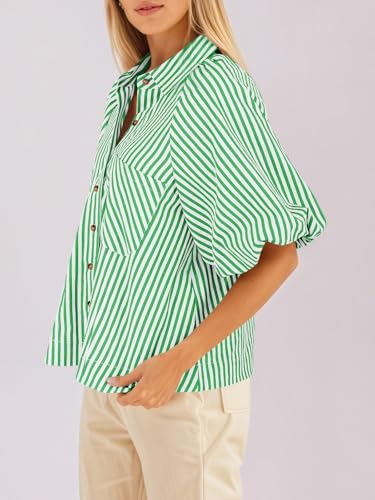 Image of Tankaneo Womens Short Puff Sleeve Button Down Shirts Striped Trendy Casual Loose Fit Blouse V Neck Collared Tops