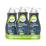 Veet Men Hair Removal Cream, 400ml each (Pack of 3), Chest & Body, Sensitive Skin, 1 Spatula, No Risk of Cuts, 24 Hour Hydration, 7 Days of Smoothness, Dermatologically Tested (Packaging may vary)