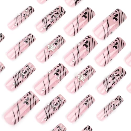 BABALAL Press on Nails Square Long Fake Nails Pink Glue on Nails Cheetah Y2k Acrylic Nails Metallic Star Charm False Nails 24Pcs Squoval Stick on nails Manicure Artificial Nails - Thumbnail 3