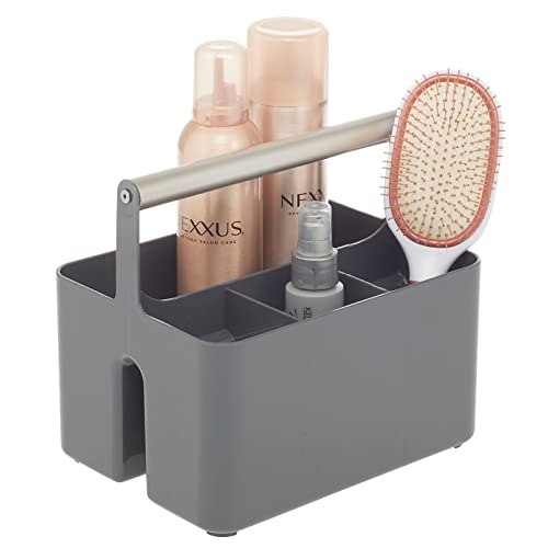 mDesign Plastic Shower Caddy Storage Organizer Utility Tote, Divided Basket Bin - Metal Handle for Bathroom, Dorm, Kitchen, Holds Soap, Shampoo, Conditioner - Aura Collection - Charcoal Gray/Satin