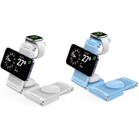2 Pack GEJIUCAI Magnetic Wireless Charger Foldable 3 in 1 Charging Station for iPhone 15 14 13 12 Series, for Apple Watch 9/8/7/6/5/4/3/2(White & Light Blue) Cover