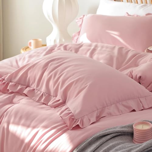 Image of JANZAA Baby Pink Comforter Set Twin - Soft Microfiber, Lightweight All Season Bedding, Ruffle Shabby Chic Aesthetic, Breathable Cozy Bed Set with 1 Pillow Shams, Machine Washable