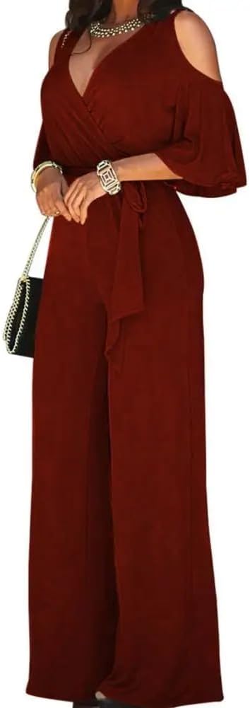 Women's Spring Autumn Jumpsuit Hollow Out Strapless High Waist Belt Wide-Leg Jumpsuit For Women