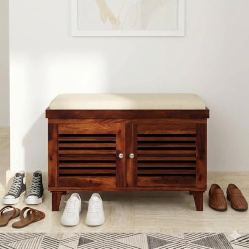 Image of Amazon Brand - Solimo Giljan Solid Sheesham Wood Shoe Storage Cabinet with Seating Bench, Honey Finish, 2 Doors