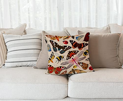 Insect Print Pillow Cover,Pink Vintage Insects Decorative Pillow Covers Square Pillowcase Cushion Covers 18X18 Inches, Bugs Pattern Pillow Cover, Butterflies, Dragonflies, Ladybugs, Bees, Moths #TOP1