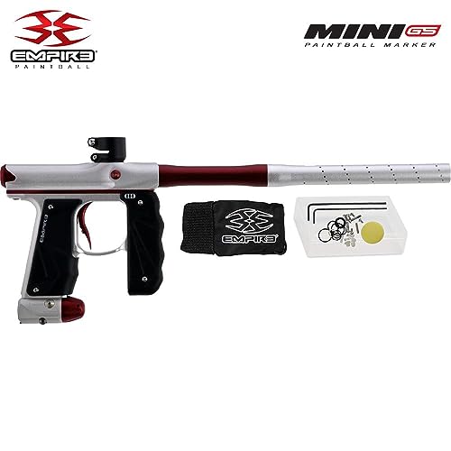 Image of Maddog Empire Mini GS Full Auto Paintball Gun Marker w /HPA Tank, Empire Halo Too Loader, Thermal Anti-Fog Paintball Mask Goggle, Neck Protector, 4+3 Harness & (4) Pods Starter Package Silver /Red