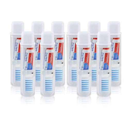 Colgate - Kit dental de viaje (10 unidades) cepillo de dientes compacto de viaje y mini pasta de dientes de viaje, 5 g