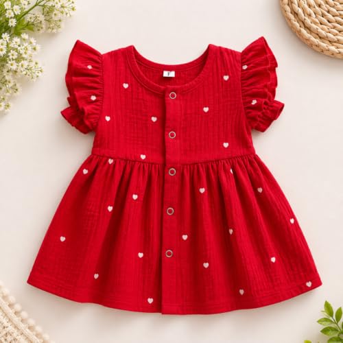 Image of Lilimi Toddler Baby Girl Cotton Muslin Dress, Breathable Flutter Sleeve Button-Front Cute Frocks