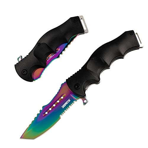 Dispatch Tactical Folding Pocket Knife Rainbow Titanium Coating, Serrated Clip Point Blade, Tanto Point for Outdoor Rescue Camping Hiking EDC