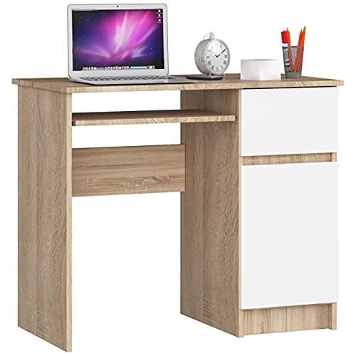 AKORD Piksel Schreibtisch Klein mit Schubladen | Office Desk | Computertisch | Bürotisch mit Tastaturablage | Schublade und Fach mit Tür | Holz Deko | B90 x H77 x T50 cm 30 kg | Schrank Rechts