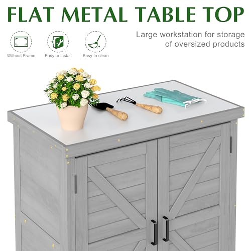 Outdoor Storage Cabinet & Potting Bench Table with Metal Top, Wooden Patio Furniture, Garden Workstation (Classic Grey, 36x31x17in)
