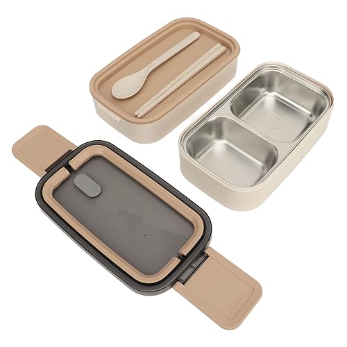 Fiambrera bento de acero inoxidable con cubiertos portatil y dos niveles de 1400ml color caqui 5