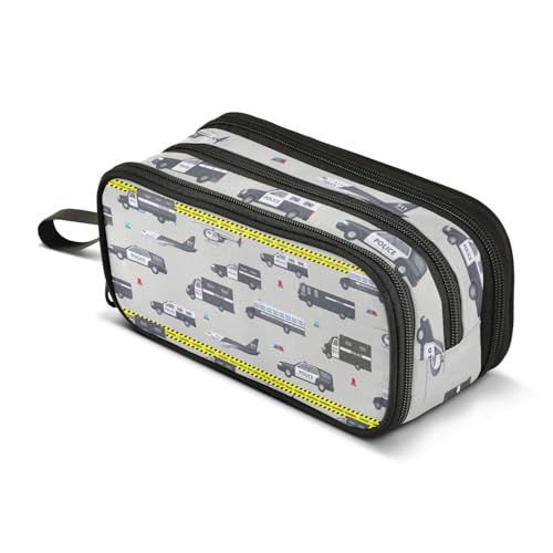 Image of ZAZYXTJ Police Car Large Capacity Pencil Case 3 Compartment Pen Pouch Storage Canvas Makeup Bag for School Office Teen Girl Boy Men Women