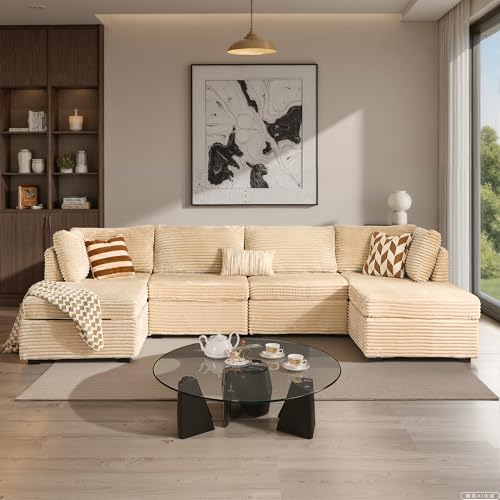 Image of ovios Modular Sectional Sofa Couch with U-Shape Chaise Ottomans, Comfy Plush Corduroy Cloud Couches, Modern Luxury Deep Seat Sofas Set for Living Room, 6-Seater, Beige