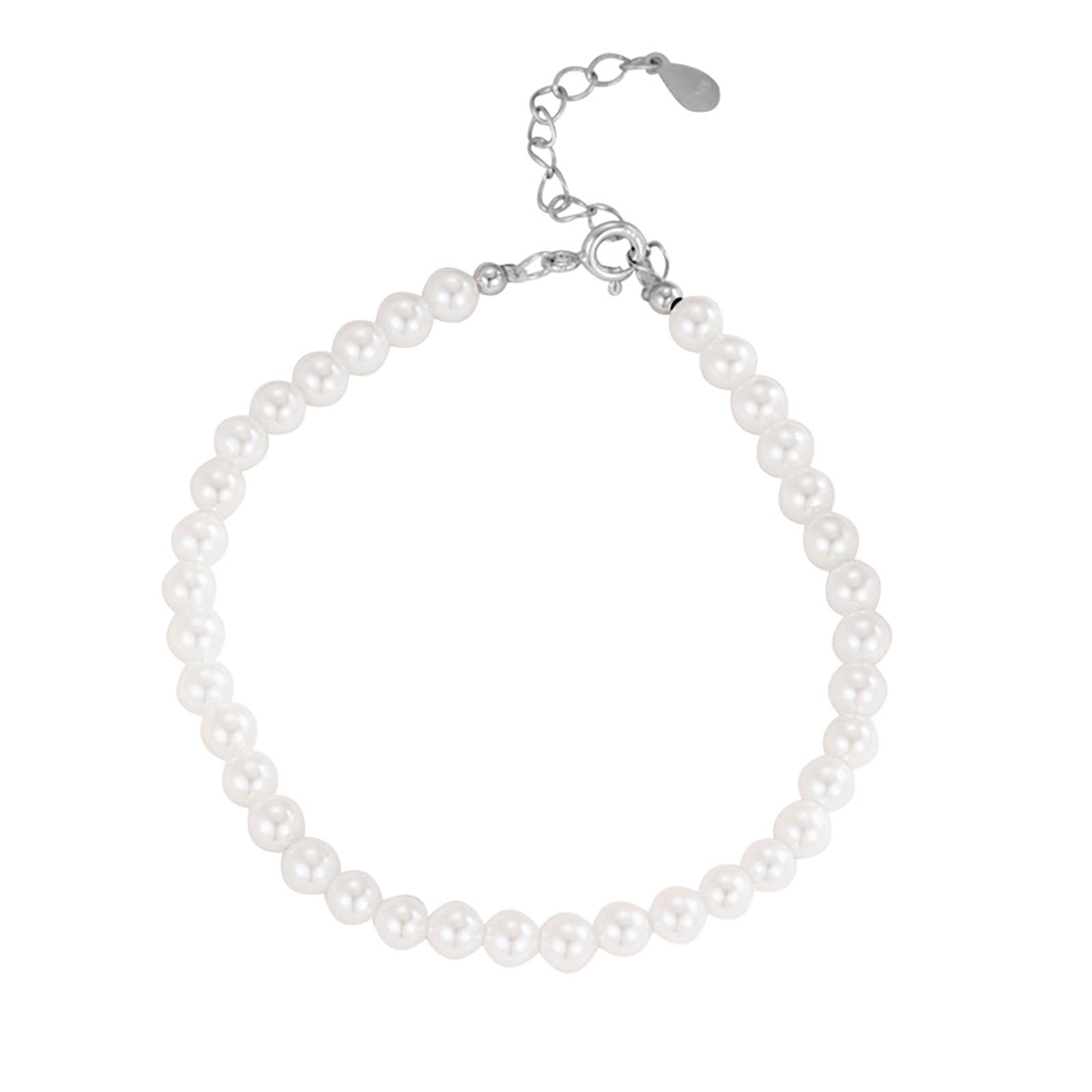 Hmzidz Pulsera Mujer con Perlas,Brazalete Niña Plata de Ley 925,Pulsera de Cadena de Perlas Blancas, Elegante y Versátil,Bisuteria Pulseras Regalo para Mama y Abuela,Ajustable