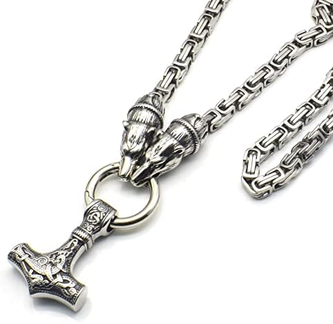 JAOYU Men Wolf Head Viking Necklace Thor's Hammer Pendant Mjolnir Necklace Norse Jewellery - Stainless Steel King Chain