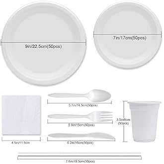 400pcs Eco-Friendly Disposable Paper Plates Bulk and Cups Napkins Cutlery Sets Non-Plastic Biodegradable Compostable Dinnerware for Dessert Dinner Birthday Party (50 Guest)
