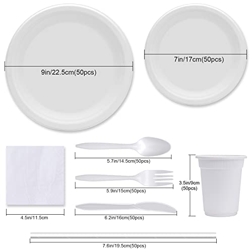 400pcs Eco-Friendly Disposable Paper Plates Bulk and Cups Napkins Cutlery Sets Non-Plastic Biodegradable Compostable Dinnerware for Dessert Dinner Birthday Party (50 Guest)