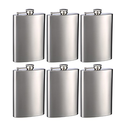 Hip Flask Holding 8 oz for Groomsman - Metallic Grey Finish, Stainless Steel, Screw-On Cap, Expertly Welded, Leakproof, Rustproof - Engravable for Personalized Gift - Set of 6 - Gift Box Included