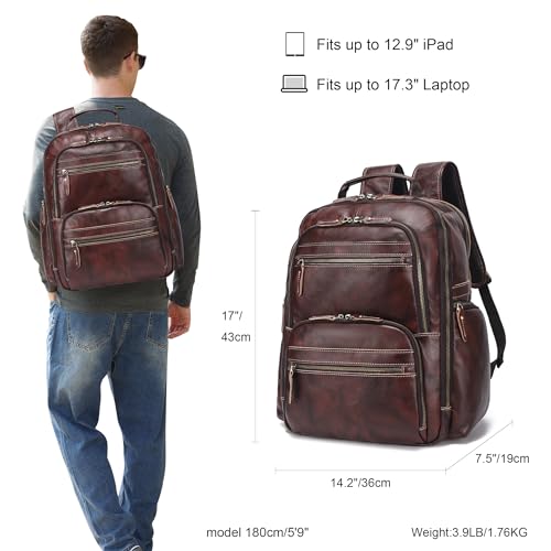 Vintage Full Grain Leather Backpack For Men, 17.3'' Laptop Bag Causal Rucksack Shoulder Bag Overnight For Business/Hiking/Travel2