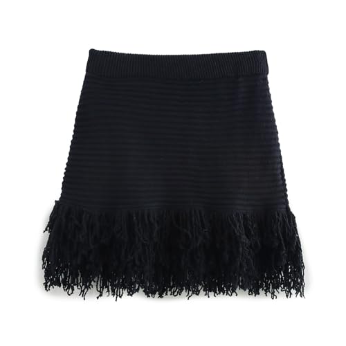 2025 Spring Minimalist Women's Clothing Hollow Knitted Half Skirt French Retro Tassels Black Mini Skirts Womens