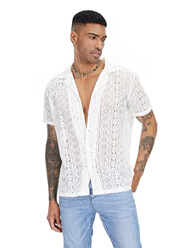 URRU Mens Floral Lace Shirt Short Sleeve Hollow Out Sheer See Through Casual Button Down Shirts2