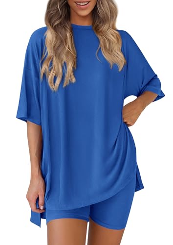 PRETTYGARDEN Women 2 Piece Lounge Set 2026 Summer Casual Oversized Shirts Biker Shorts Matching Airport Travel Outfit Clothes (Royal Blue Medium)