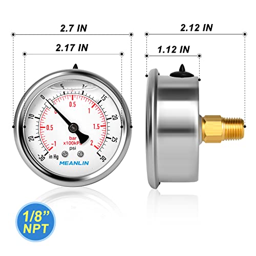 Image of MEANLIN MEASURE -30inHG~30Psi Stainless Steel 1 /8 inch NPT 2.5 inch FACE DIAL Vacuum Pressure Gauge, Center Back Mount, with 1 /4 inch NPT and 3 /8 inch NPT Hex Bushing