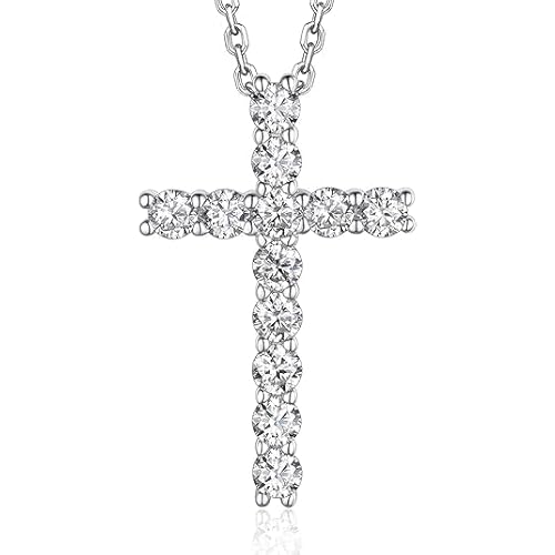 MomentWish Cross Necklace for Women, Christian Gifts for Her, Moissanite Cross Pendant, 925 Sterling Silver Necklaces Religious Anniversary Birthday Gifts for Women- 1.2ct | 2.5mm 1-Cross