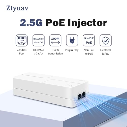 Image of 2.5Gbps PoE Injector 90W Power Over Ethernet Adapter with 2 Ports, IEEE 802.3af /at /bt Compliant - Distance Up to 100 Meters, 2.5G PoE Adapter Ideal for Camera, TV and IP Phone, White