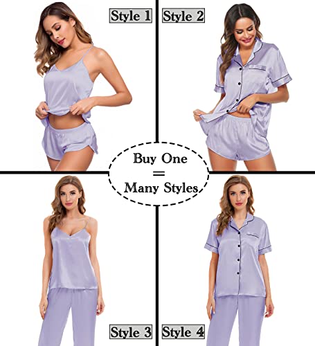 Image of SWOMOG Womens Silk Satin Pajamas Sets 4pcs Sleepwear Sexy Cami Shorts Set and Button Down Short Sleeve Pjs Loungewear Lavender X-Large