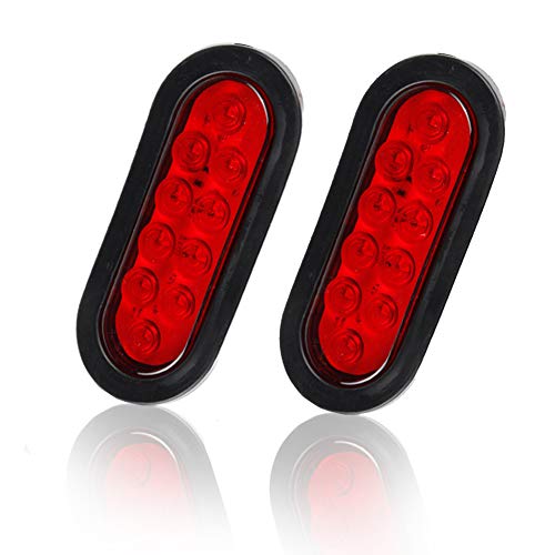 LiLoom 2 Pcs 6 Oval Red 10-LED Trailer Lights Super Bright Stop Tail Turn Signal Lights Surface Mount Grommets Plugs for Boat Trailer Camper Truck RV Jeep 12V DOT Certified