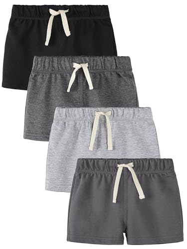 Feyoyi 4 Pack Baby Boy Shorts Cotton Pull On Baby Shorts Infant Boy Clothes Summer Casual Elastic Waist with Drawstring Black Dark Gray Ash Gray Charcoal Gray Set A 12M
