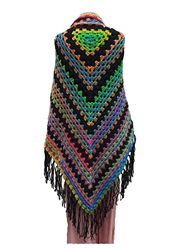 Miro Boho Chic Châle Jamaïque Noir. Fait à la main. Crochet fait main. Cadeaux pour femmes. Poncho d'hiver pour femme Crochet couvertures grand-mère Cape femmes hiver châle femmes hiver
