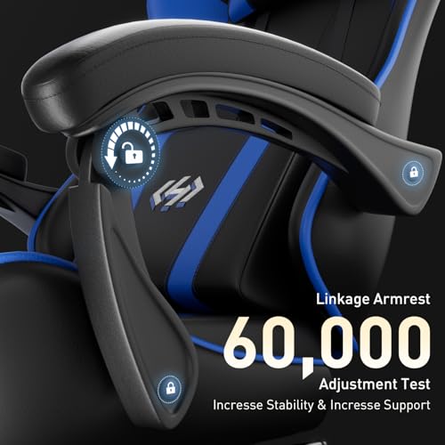 Image of HLDIRECT Gaming Chair, Ergonomic Computer Office Chair with Lumbar Support Footrest Headrest, Adjustable Height & Backrest Angle Video Gamer Chair, PU Leather, 360 Swivel, Adult, Black and Blue