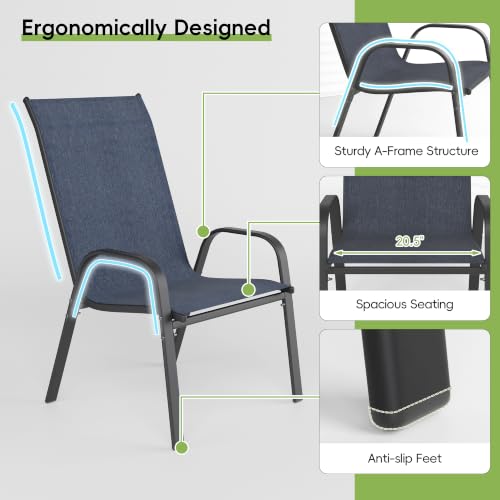 Image of Patio Chairs Set of 4, Stackable Outdoor Dining Chairs for All Weather, Metal Modern Outside Furniture Chair for Pool Side, Garden, Backyard Deck, Navy Blue