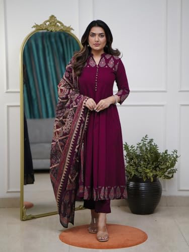 Image of GoSriKi Women's Rayon Viscose Anarkali Printed Kurta Pant with Dupatta | Anarkali Kurta Set for Women | Flared Kurti Pant Set | Ethnic Printed Suit for Women