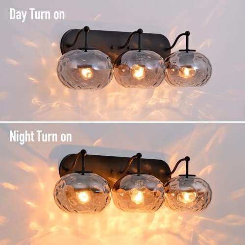 Image of 23 inch Matte Black Vanity Light Smoked Hammered Glass Wall Sconce 3-Light Grey Lampshade Wall Lamp for Hallway Living Room Stairwell Bathroom Over Mirror