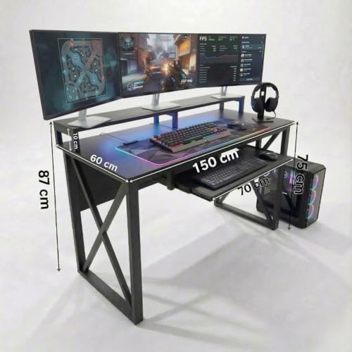 Image of FFo Gaming Desk | Music Studio Desk with Keyboard Tray | Workstation,Laptop PC Computer,Laptop PC Computer Table for Gaming & Home Office| (Black) | (150L x 60W x 87H CM) | DIY