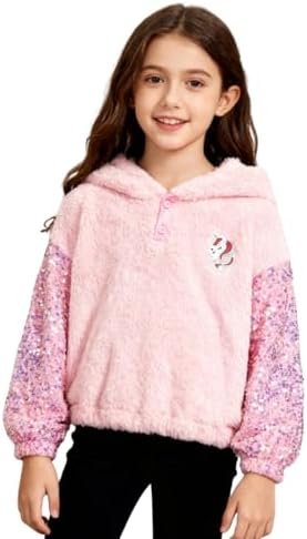 WELAKEN Girls' Button-Detail Fuzzy Sherpa Fleece Hoodie with Unic...