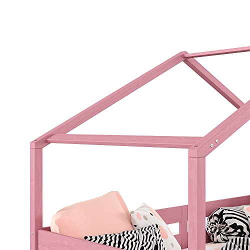 Cama Montessoriana Madeira Maciça Casa com Estrado Ena (Rosa)