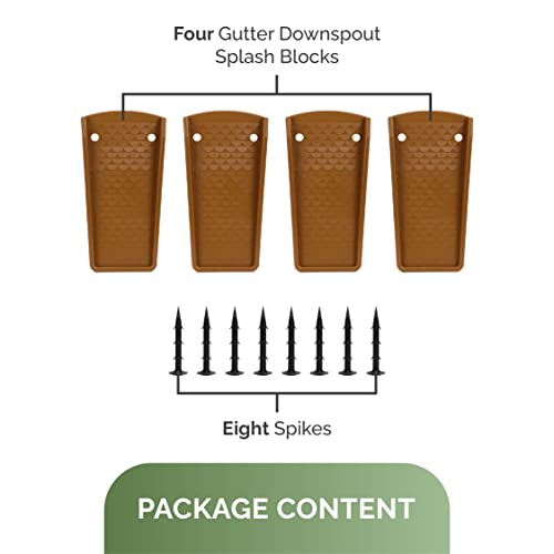 LOSTRONAUT 17 Inch Downspout Splash Block and Rain Gutter Extender - 4-Pack Downspout Diverter Attachment for Home Foundation and Landscape Protection - includes 8 Hard Plastic Stakes, Brown