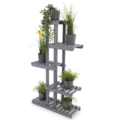 PROREGAL Blumenständer FLORACK | HxBxT 117x68x25cm | 6 Ablagen | Kieferholz | Grau | Pflanzenständer Pflanzenregal Blumenregal Blumentreppe Gartenregal