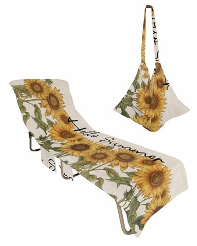 Beach Pool Patio Lounge Chaise Chair Cover Towel with Pockets, Sunflower Absorbent & Quick Dry Microfiber Towel Cover Bag Summer Travel Accessories for Sunbathing Vintage Botanical Farmhouse Floral