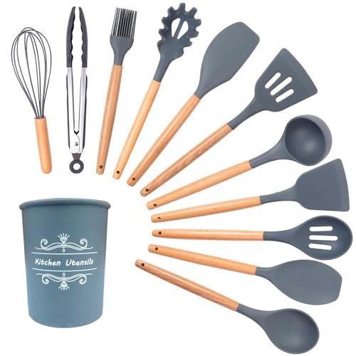 Kit 12 Utensílios De Cozinha Silicone E Cabo De Madeira Jogo De U...